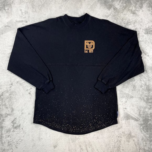 WALT DISNEY WORLD SPIRIT JERSEY Womens Black Shirt Bronze Puff Print Splatter XS - Picture 2 of 8